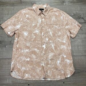 Vince Shirt Mens Large Beige Palm Print Linen Viscose Short Sleeve Button Front